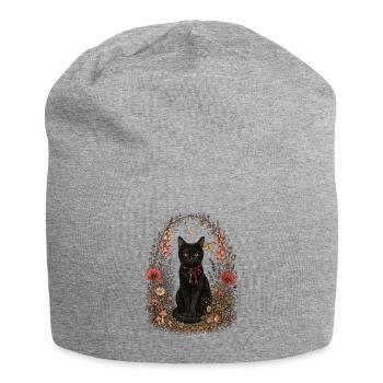 Black Cat in Floral  - Jersey Beanie - heather grey - Front
