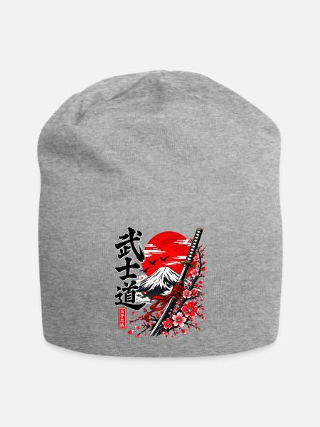 Bushido Samurai am Fuji mit Kirschblüten - Jersey-Beanie - Grau meliert