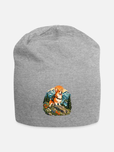 Wandernder Corgi im Bergwald - Jersey-Beanie - Grau meliert