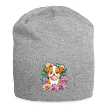Kawaii cartoon dog with peach and orchids - Jersey Beanie - heather grey - Front