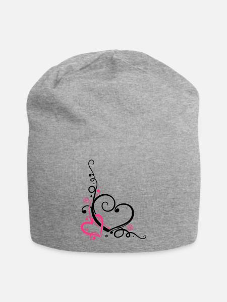 Zwei Herzen mit Blumen, verliebt - Jersey-Beanie - Grau meliert
