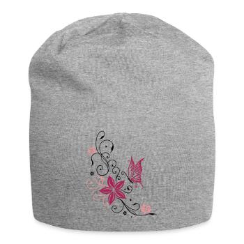 Fleurs avec ornement floral et papillon. - Bonnet en jersey - gris chiné - Devant
