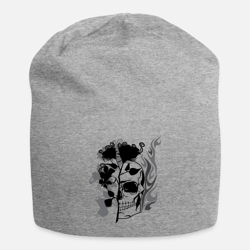 Totenkopf und Rosen - Jersey-Beanie - Grau meliert