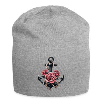 Anker mit Seil und Rosen - Jersey-Beanie - Grau meliert - Vorne