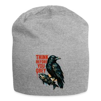 Think Before Obeying – Crow Art - Jersey Beanie - heather grey - Front