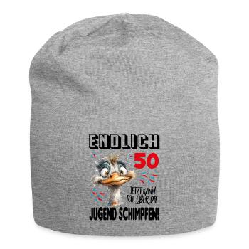 Endlich 50: Strauß Vogel Geburtstag Birthday - Jersey-Beanie - Grau meliert - Vorne