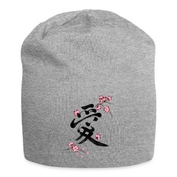 Japanese Kanji Love with Cherry Blossom Sakura - Jersey Beanie - heather grey - Front