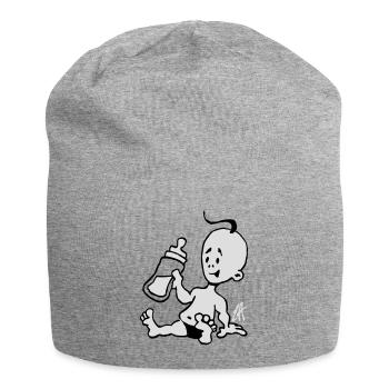 Baby mit einer Milchflasche - Jersey-Beanie - Grau meliert - Vorne