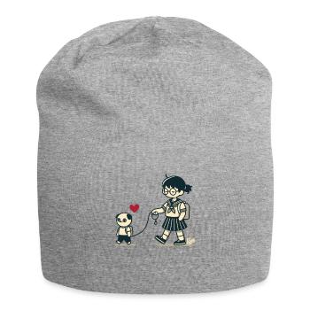 Japanese otaku walking with schoolgirl - Jersey Beanie - heather grey - Front