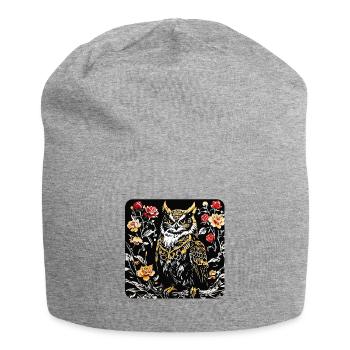 Hibou avec des vrilles de pétales de rose en aspect gravure sur bois - Bonnet en jersey - gris chiné - Devant