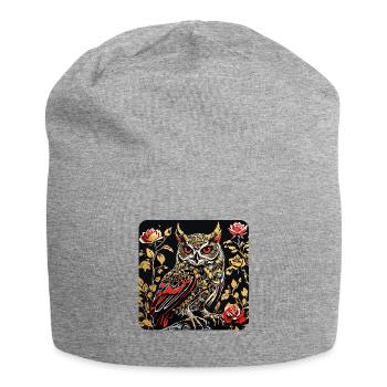 Hibou avec des vrilles de pétales de rose en aspect gravure sur bois - Bonnet en jersey - gris chiné - Devant