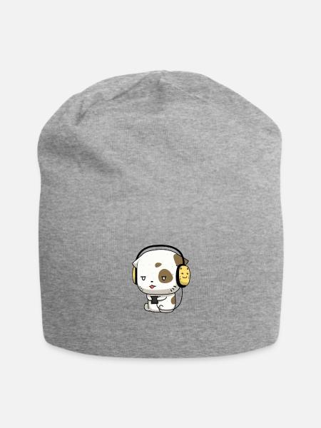 Niedliche Katze Kawaii Musikalisch Kopfhörer Musik - Jersey-Beanie - Grau meliert