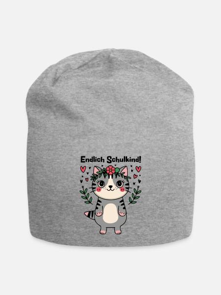 Endlich Schulkind - Mit der Katze in die Schule - Jersey-Beanie - Grau meliert