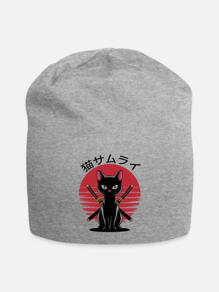 Samurai Ninja Schwarze Katze Japanisch Vintage Sonnenuntergang - Jersey-Beanie - Grau meliert