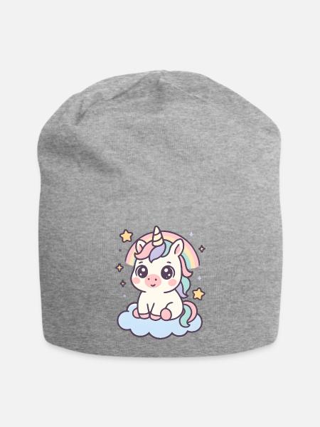 Kawaii Einhorn auf Wolke mit Regenbogen Sterne - Jersey-Beanie - Grau meliert