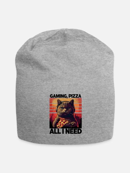 Lustiges Katzen Gaming Pizza Gamer Zocker Zocken - Jersey-Beanie - Grau meliert