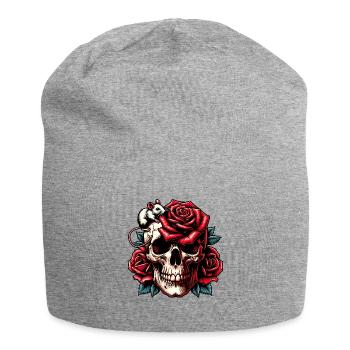 Crâne avec des roses rouges, des vrilles de rose et une souris - Bonnet en jersey - gris chiné - Devant