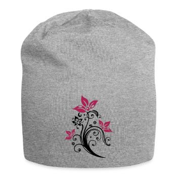 Ranke mit bunten Blumen, Blüten. Sehr feminin. - Jersey-Beanie - Grau meliert - Vorne