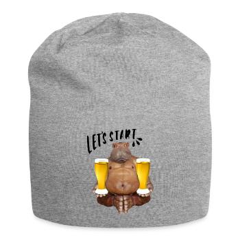 Comic, Nilpferd mit 2 Biergläsern in jeder Hand - Jersey-Beanie - Grau meliert - Vorne
