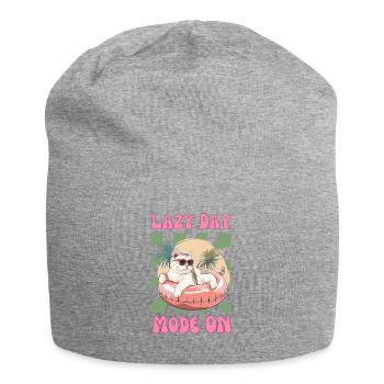 Katze mit Sonnenbrille im pinkem Schwimmreifen - Jersey-Beanie - Grau meliert - Vorne
