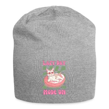 Katze mit Sonnenbrille im pinkem Schwimmreifen - Jersey-Beanie - Grau meliert - Vorne