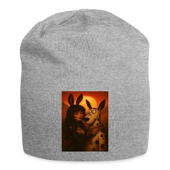 Moon night with bunny woman and cartoon dog - Jersey Beanie - heather grey - Front