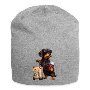 Dachshund Motif Holiday – Funny Dog with Suitcase and - Jersey Beanie - heather grey - Front