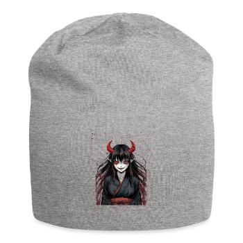 Dämonische Kimonoheldin mit roten Hörnern - Jersey-Beanie - Grau meliert - Vorne