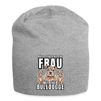 NEVER underestimate a woman with a bulldog dog dog - Jersey Beanie - heather grey - Front
