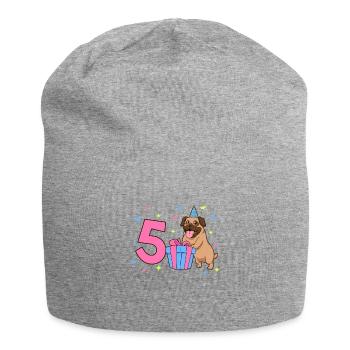 With Pug - Girl Birthday 5 Years - Jersey Beanie - heather grey - Front