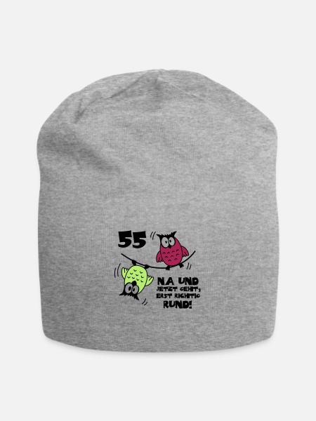 55. Geburtstag - Eulen "na und" - Jersey-Beanie - Grau meliert