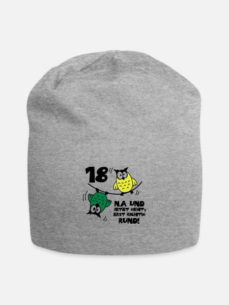 Geburtstag 18, Eulen am Drahtseil, rund - Jersey-Beanie - Grau meliert