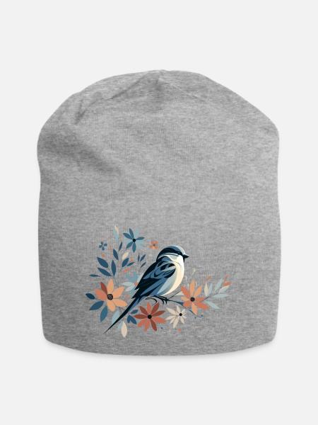 Kleiner Vogel mit Blumen - Jersey-Beanie - Grau meliert