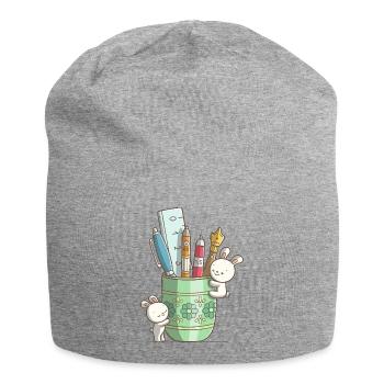 Deux lapins mignons devant un stylo - Bonnet en jersey - gris chiné - Devant