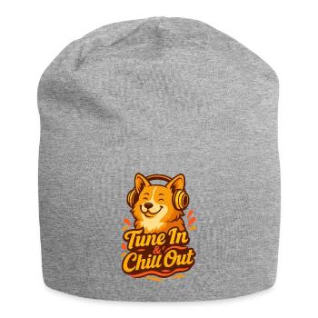 "Tune In & Chill Out" Happy Corgi with Headphones - Jersey Beanie - heather grey - Front