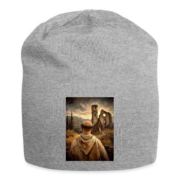 Mönch vor Ruinen bei Sonnenuntergang - Jersey-Beanie - Grau meliert - Vorne