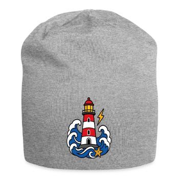 Marine-Leuchtturm- und Wellen-Tattoo-Stil - Jersey-Beanie - Grau meliert - Vorne