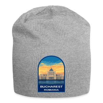 Bukarest Rumäniens Parlament Retro Sonnenuntergangsabzeichen - Jersey-Beanie - Grau meliert - Vorne