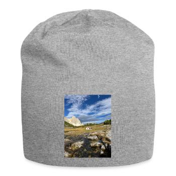 Alpine hut in front of mountain landscape - Jersey Beanie - heather grey - Front