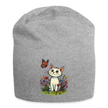 Chat blanc avec papillon sur la prairie fleurie - Bonnet en jersey - gris chiné - Devant