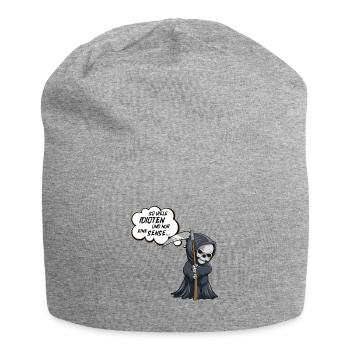 schwarzer Humor, Totenschädel, witziges Sensenmann - Jersey-Beanie - Grau meliert - Vorne