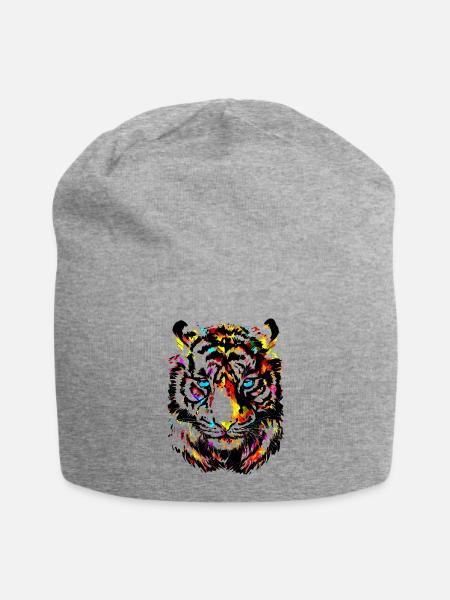 Bunter Tiger - Gelber Tigerkopf - Tiger Zeichnung - Jersey-Beanie - Grau meliert