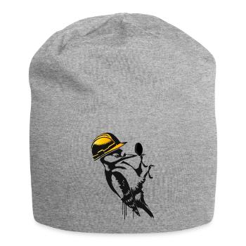 Specht mit Bauhelm – Humorvolles Stencil-Design - Jersey-Beanie - Grau meliert - Vorne