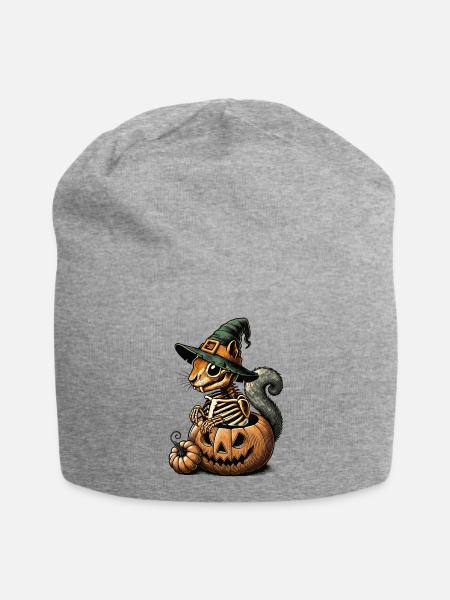 Skelett-Eichhörnchen Motiv in einem Kürbis mit Hut - Jersey-Beanie - Grau meliert