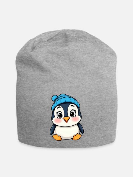 Fröhlicher Cartoon-Pinguin in blauer Mütze - Jersey-Beanie - Grau meliert