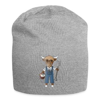 Hochlandrind mit Mistgabel und Hühnerkorb - Jersey-Beanie - Grau meliert - Vorne