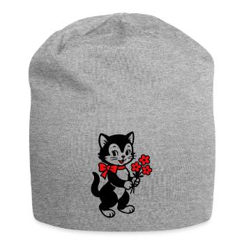 Chat noir avec ruban rouge - Bonnet en jersey - gris chiné - Devant