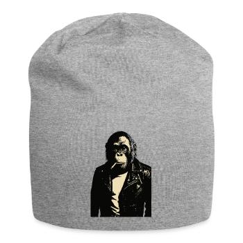 Orangutan smoking a cigarette in a Leather Jacket - Jersey Beanie - heather grey - Front