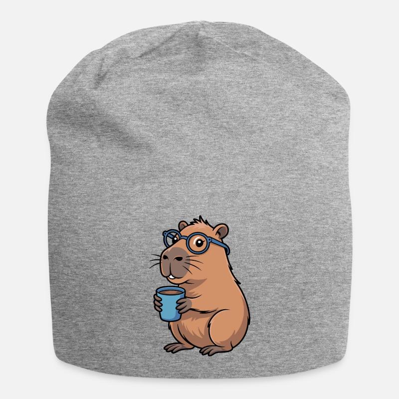 Kaffeetrinkender Capybara mit Brille - Jersey-Beanie - Grau meliert