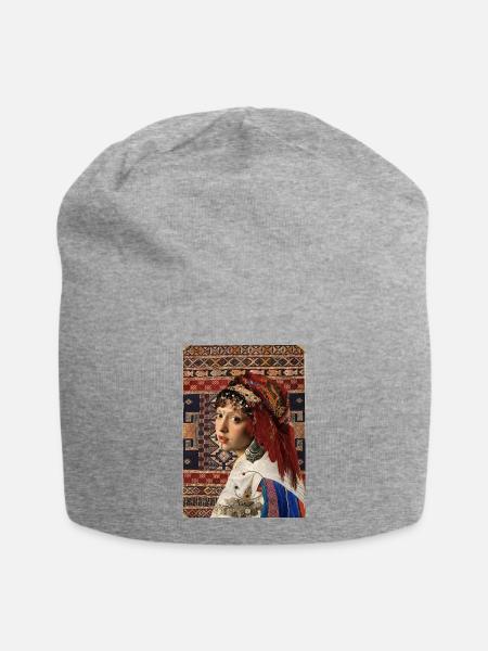Ethnisches Porträt und böhmischer Wandteppich - Jersey-Beanie - Grau meliert